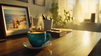 Steaming Coffee Cup on Wooden Desk in Morning Sunlight