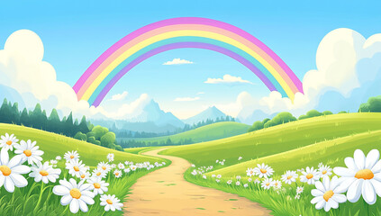 Fototapeta premium A beautiful rainbow arches over the green hills, with white daisies lining both sides of an old dirt road leading towards it.