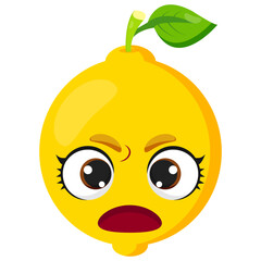 Angry yellow lemon with big expressive eyes and a green leaf. Perfect for food packaging, organic product branding, healthy lifestyle themes, juice labels, and diet promotions