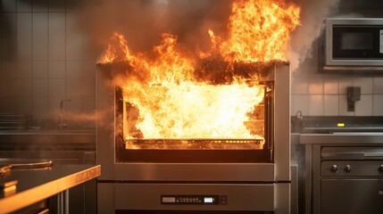 Commercial oven engulfed in intense flames and smoke