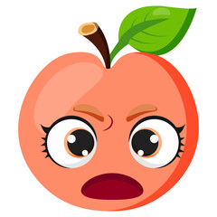 Angry peach with expressive eyes and a surprised facial expression. A unique fruit illustration perfect for stickers, emoticons, healthy food concepts