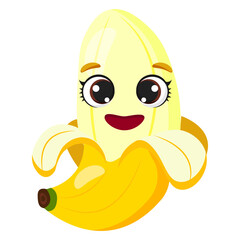 Smiling half-peeled banana with bright eyes and a cheerful expression. Fresh tropical fruit ideal for healthy eating themes, smoothie advertisements, organic food branding