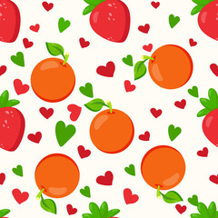 Seamless pattern featuring oranges, strawberries, and hearts on a white background. Fresh and vibrant design, perfect for packaging, textiles, wallpapers