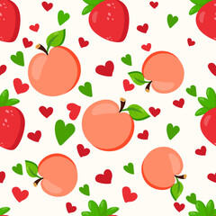 Seamless pattern with peaches, strawberries, and heart elements on a white background. Vibrant and romantic design, perfect for packaging, textiles, wallpapers