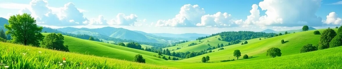 Idyllic countryside with rolling green hills and picturesque white clouds, meadow, peaceful, countryside view