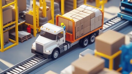 Naklejka premium A Semitruck Loads Cargo Boxes in a Warehouse