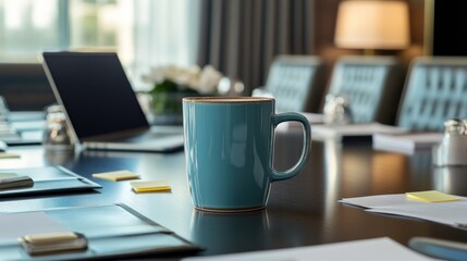 Teal Coffee Mug on a Conference Table
