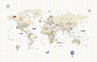 Vintage world map, educational geography poster, antique-style wall art, travel-themed decor, kids room, global nations, illustrated, detailed, aesthetic © csinie1