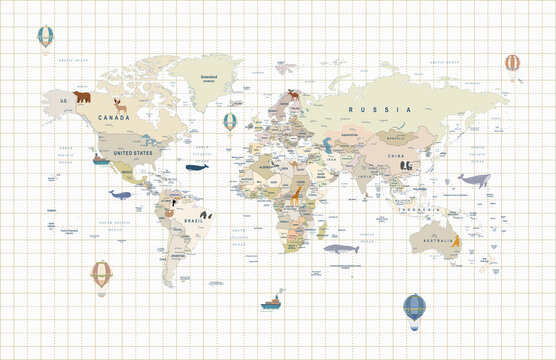 Fototapeta Vintage world map, educational geography poster, antique-style wall art, travel-themed decor, kids room, global nations, illustrated, detailed, aesthetic