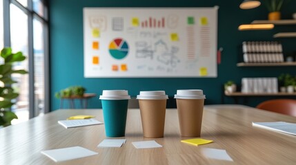 Three Coffee Cups on a Meeting Table in an Office
