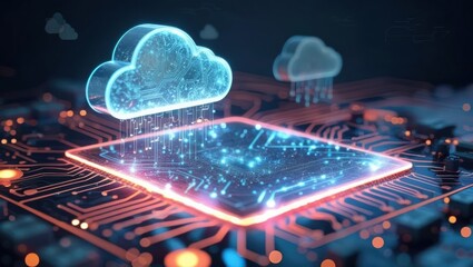 Obraz premium Digital Cloud Computing Concept: Glowing Cloud Icon Integrated Into A Circuit Board, Symbolizing Data Migration, Infrastructure Modernization, And Digital Transformation In A Futuristic Cyber Network.