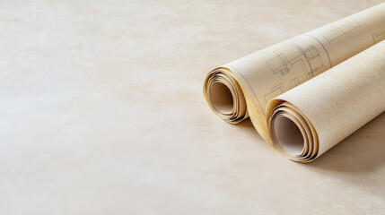 Fototapeta premium Rolled up blueprints on textured surface, showcasing architectural plans and designs