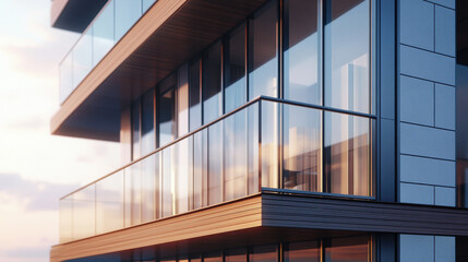 Fototapeta premium A contemporary urban residential building with clean lines and spacious balconies, blending wood and metal elements for a sophisticated aesthetic. The image captures subtle reflections on the glass 
