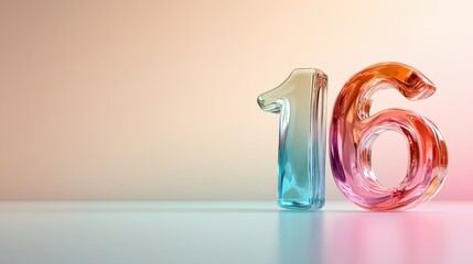 An abstract depiction of the number 16 made from vibrant glass, featuring a color gradient that reflects modern aesthetics and creativity in design.