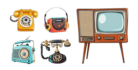 A collection of vintage electronics including a phone, radio, and television. Colorful vector illustrations isolated on transparent background