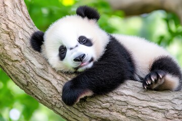 Obraz premium Wild panda resting on a tree branch in lush green forest during daylight hours Generative AI