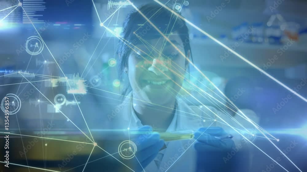 Aufkleber examining sample, scientist using digital data processing animation overlay in lab