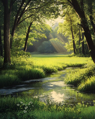 Obraz premium Misty sunlight rays pierce autumn leaves along a forest path at sunrise