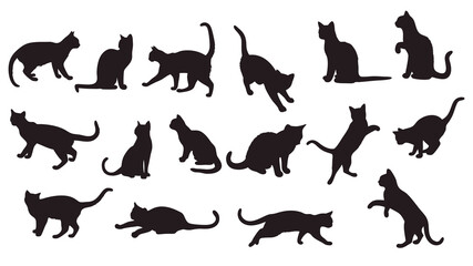 Collection of cat silhouettes in various poses isolated on background