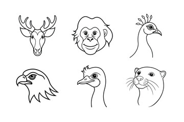 many kinds of pet animal head line drawing vector illustrations