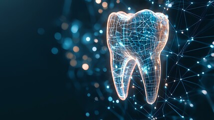 Digital tooth wireframe model with glowing network connections on dark blue background with bokeh lights, representing dental technology and innovation.