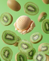 Fototapeta premium Vibrant fruit explosion with peach and kiwi slices artwork