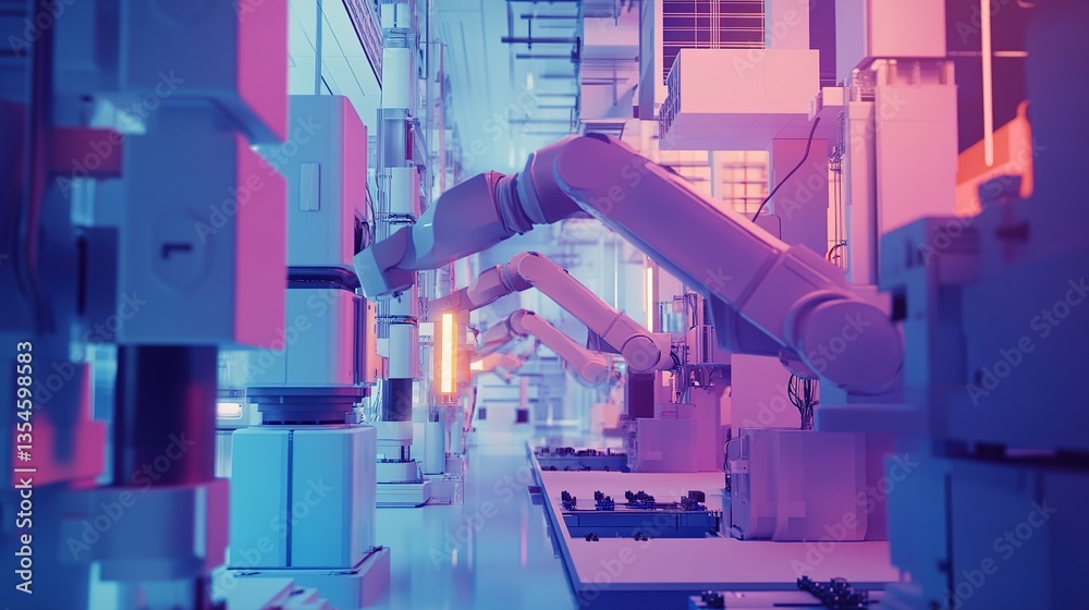 Poster automated robotic arms assembling products in a smart factory.