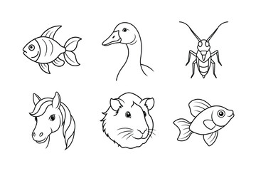 many kinds of pet animal head line drawing vector illustrations