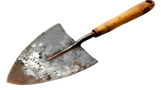 Trowel's Journey: This image features a close-up shot of a rusty, well-worn trowel. The tool is shown with it's handle in focus, resting over what is most likely a blank surface.