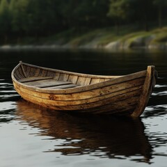 Obraz premium Wooden boat floating peacefully on calm water during sunset in a serene natural setting Generative AI