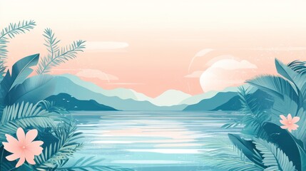 Peaceful tropical sunrise over a serene lake, framed by lush greenery and pastel colors.