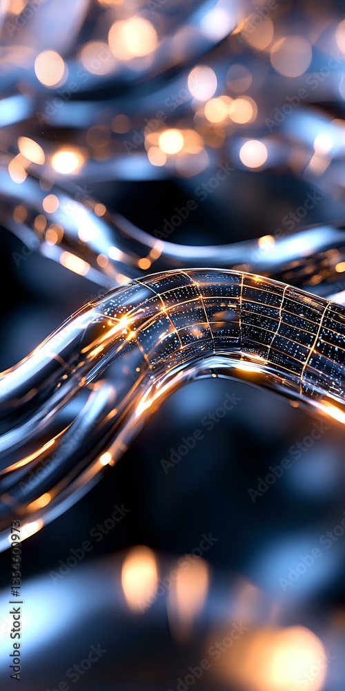 Poster glowing curved lines with digital pattern and bokeh lights on dark background create futuristic tech
