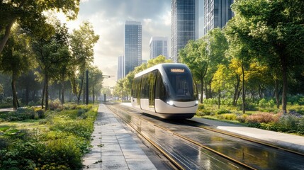 Obraz premium Modern Tram Moving Through Urban Greenery