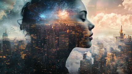 Fototapeta premium A captivating double exposure showing a woman's profile seamlessly blending with a vibrant city skyline at night, accentuated by cosmic elements and glowing lights.. AI Generation. AI Generation
