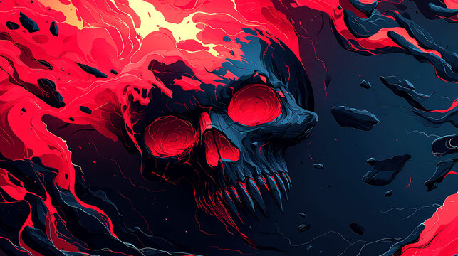 Infernal Skull: A fiery abstract digital painting, a surreal and dark artwork exploring themes of death, rage, and inner turmoil.