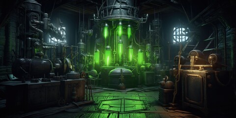 Mysterious Lab Industrial setting with complex machinery glowing in green in an old workshop
