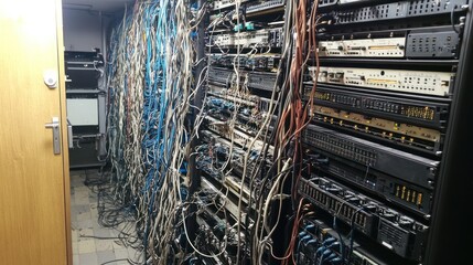 Messy Server Room Rack With Numerous Cables and Equipment