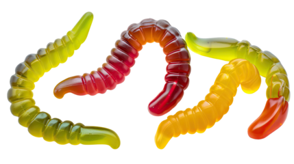 Gummy Worms Delight: Colorful and inviting gummy worms, showcasing an array of vibrant hues and textures, promise a burst of delightful flavor.