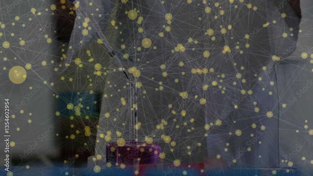 Poster network of connections and data processing animation over scientists in laboratory