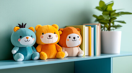 Fototapeta premium Safari-themed plush toys for kids cozy living room display soft toy collection playful environment close-up view child-friendly concept