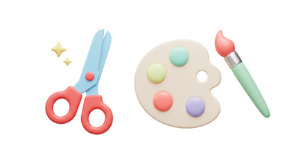 Isolated Art Tools With Palette, Brush And Scissors