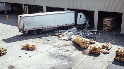 Damaged Semi Truck Inside Warehouse Loading Dock