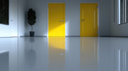 Modern hallway with bright yellow doors.  Glossy floor reflects light