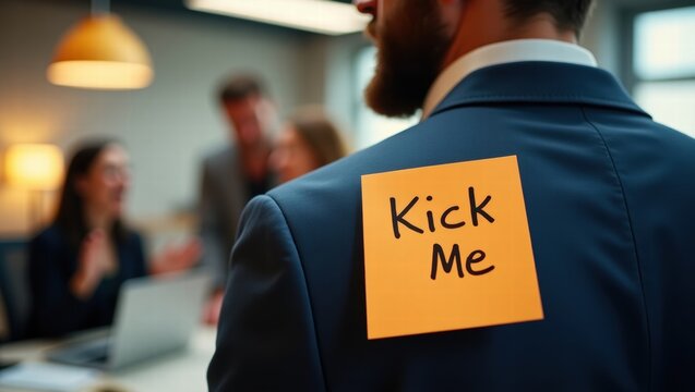 Man with "Kick Me" Note Laughing at Office Prank  