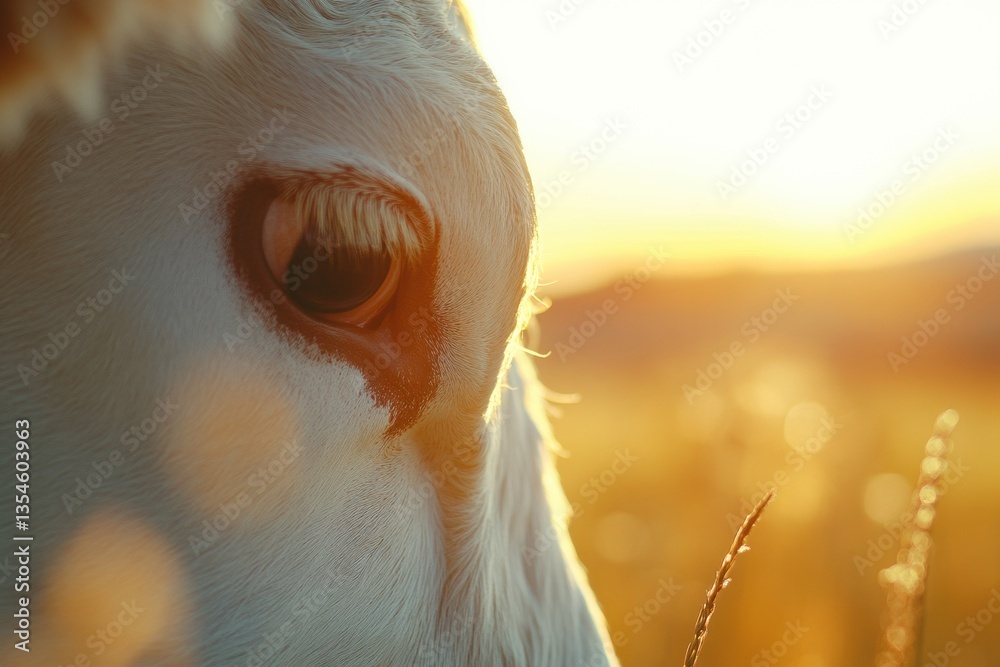 Aufkleber Close-up view of a cows gentle face illuminated by warm sunlight in a rural farm setting