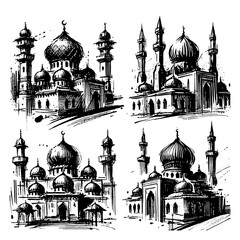 A set of four hand-drawn mosque sketches, each featuring a rough and organic brushstroke style