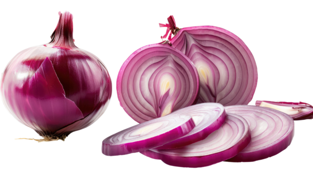 The Alluring Red Onion: A collection of fresh red onions, whole and sliced, revealing their vibrant purple layers and crisp texture. 