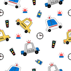 car cartoon pattern design concept.Taxi, police car ,traffic light ,ambulance car pattern