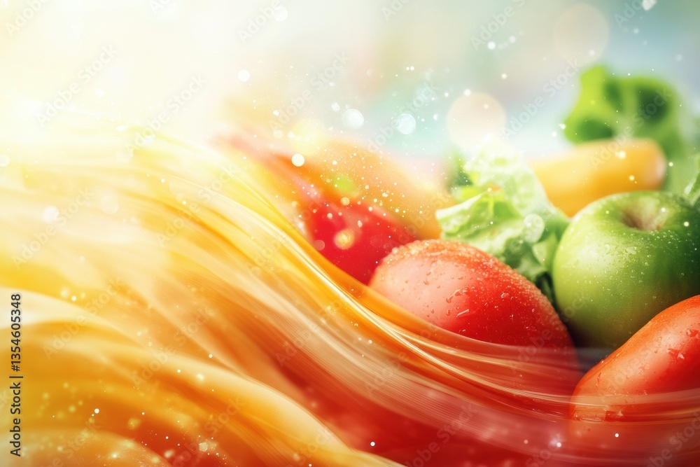 Fototapete Dynamic wave of fresh groceries showcases vibrant colors and soft gradients in an abstract background representing vitality and wellness