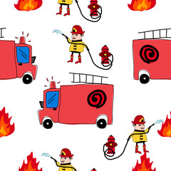 Cartoon pattern.Fire collection.firefighter pattern.Fire truck and equipment pattern